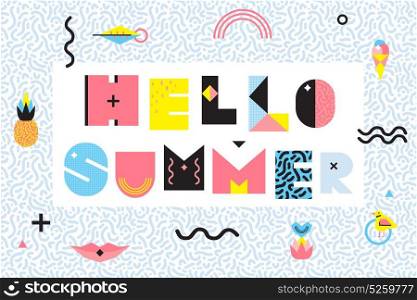 Hello Summer Memphis Style Design. Hello summer memphis style design with black wavy lines geometric elements food on decorative frame vector illustration
