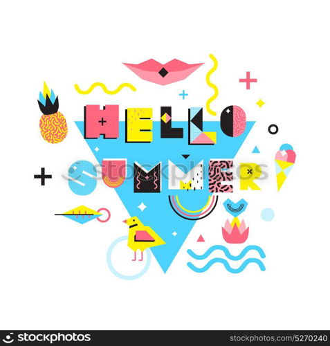 Hello Summer Memphis Style Illustration. Hello summer design in memphis style with ananas bird flower icecream on blue triangle background vector illustration