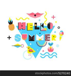 Hello Summer Memphis Style Illustration. Hello summer design in memphis style with ananas bird flower icecream on blue triangle background vector illustration