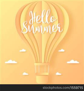 Hello Summer, orange and yellow hot air balloon flying in the bright sky and cloud, paper art style