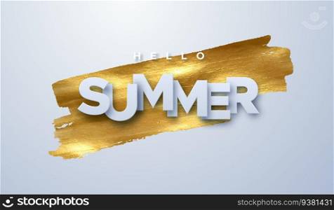 Hello Summer paper sign on golden paint stain background