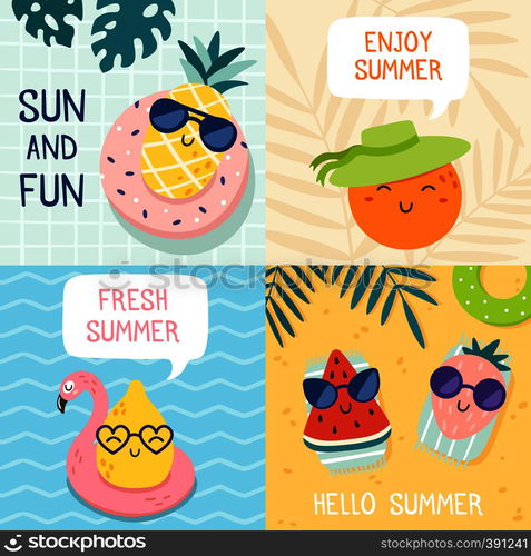 Hello summer poster. Funny fruits, pineapple in sunglasses and tropical fruit beach party banner. Fruit recreation placard or exotic summer party invitation card vector illustration set. Hello summer poster. Funny fruits, pineapple in sunglasses and tropical fruit beach party banner vector illustration set