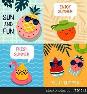 Hello summer poster. Funny fruits, pineapple in sunglasses and tropical fruit beach party banner. Fruit recreation placard or exotic summer party invitation card vector illustration set. Hello summer poster. Funny fruits, pineapple in sunglasses and tropical fruit beach party banner vector illustration set