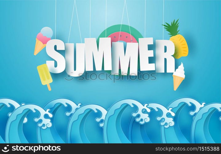 Hello summer poster or banner with hanging text, ice cream, swim ring, pineapple over sea wave in paper cut style. Vector illustration digital craft paper art. wallpaper, backdrop, summer season.