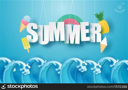 Hello summer poster or banner with hanging text, ice cream, swim ring, pineapple over sea wave in paper cut style. Vector illustration digital craft paper art. wallpaper, backdrop, summer season.