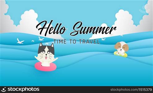 Hello summer poster or banner with happy dog and cat swimming in the sea in paper cut style.