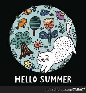 Hello summer print with a cute cat. Funny card. Vector illustration