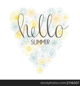 Hello, summer! Print with floral heart. Vector illustration. Hello, summer! Print with floral heart shape.