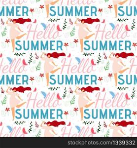 Hello Summer Seamless Pattern. Flat Natural Wallpaper Female Template. Repeat Greeting Text, Beautiful Cartoon Woman Dancing Character Silhouette, Trees Leaves, Butterflies. Flat Endless Illustration. Hello Summer Female Cartoon Seamless Flat Pattern