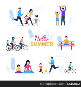 Hello Summer Seamless Pattern with Happy Family. Cartoon Parents and Children Cycling, Running, Exercising, Doing Yoga, Playing Football, Meditating. Outdoors Recreation. Vector Flat Illustration. Hello Summer Seamless Pattern with Happy Family