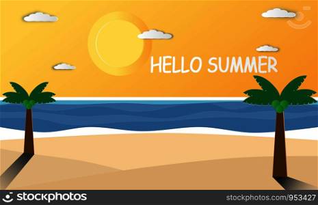 Hello summer season at sunset on yellow sky and clouds background. Sea beach view on air .Creative design Paper cut craft style graphic card and poster. Eps10 vector. illustration