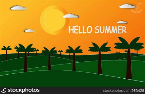 Hello summer season at sunset on yellow sky and clouds background. Mountain Landscape view on air .Creative design Paper cut craft style graphic card and poster. Eps10 vector. illustration