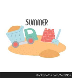 Hello summer set of elements on sand, vector illustration