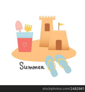 Hello summer set of elements on sand, vector illustration