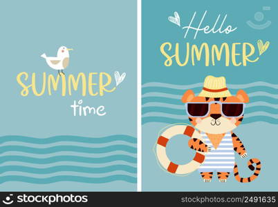 Hello summer. Set Postcard with cute tiger in sunglasses, hat, beachwear and life buoy with seagull. Vector illustration. Greeting card with text - summer time. For design, printing and decoration