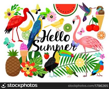 Hello Summer set with flamingo, parrot, ice cream and flowers
