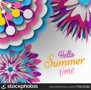 Hello summer time postcard decorated by papercut flower origami, colorful blossom ornament, 3d view of floral symbol, greeting or papercard with bouquet vector. Paper Card with Flower, Hello Summer Poster Vector
