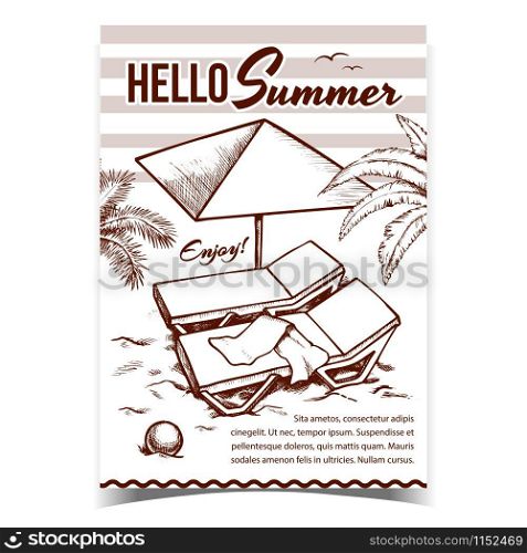 Hello Summer Vacation Advertise Banner Vector. Towel On Summer Beach Deck Chair, Parasol, Ball On Sand And Palm Green Leaves. Seascape Relax Concept Template Hand Drawn In Vintage Style Illustration. Hello Summer Vacation Advertise Banner Vector