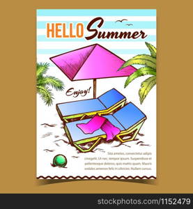 Hello Summer Vacation Advertise Banner Vector. Towel On Summer Beach Deck Chair, Parasol, Ball On Sand And Palm Green Leaves. Seascape Relax Concept Template Hand Drawn In Vintage Style Illustration. Hello Summer Vacation Advertise Banner Vector