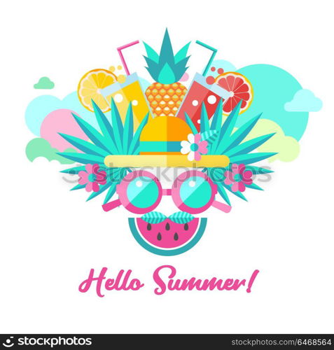 Hello summer. Vector illustration. A set of clipart on the theme of summer, vacation, sea, resort, fruit.