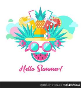 Hello summer. Vector illustration. A set of clipart on the theme of summer, vacation, sea, resort, fruit.