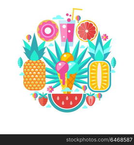 Hello summer. Vector illustration. A set of clipart on the theme of summer, vacation, sea, resort, fruit.