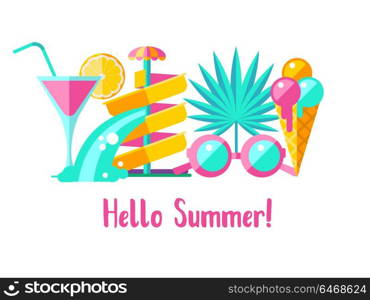 Hello summer. Vector illustration. A set of clipart on the theme of summer, vacation, sea, resort, fruit.