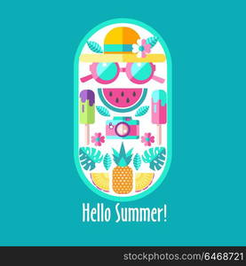 Hello summer. Vector illustration. A set of clipart on the theme of summer, vacation, sea, resort, fruit.