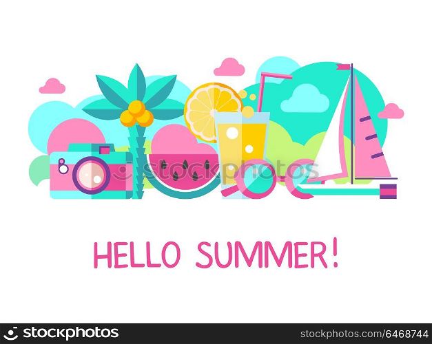 Hello summer. Vector illustration. A set of clipart on the theme of summer, vacation, sea, resort, fruit.