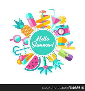 Hello summer. Vector illustration. Set of cliparts in flat style on the theme of summer vacation.