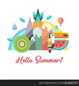 Hello summer. Vector illustration. Toucan on a background of a mountain landscape, a rainbow, a waterfall, tropical fruit. Pineapple, watermelon, kiwi. In the sky balloon.