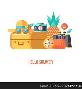 Hello summer. Vector illustration. Trip on summer vacation. Suitcase, straw hat, compass, binoculars, camera and sunglasses.