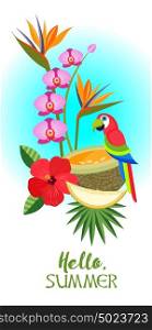 Hello, summer! Vector illustration. Tropical fruits and colorful exotic parrot.