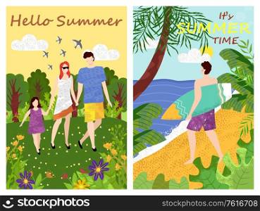 Hello summer vector, set of people relaxing at summertime, male with surfing board, surfer standing by seaside looking at waves of sea, family walking. Hello Summer, Family and Male by Seaside Surfer