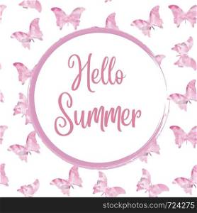 Hello summer. Watercolor banner with butterflies