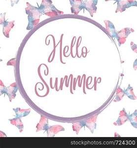Hello summer. Watercolor banner with butterflies