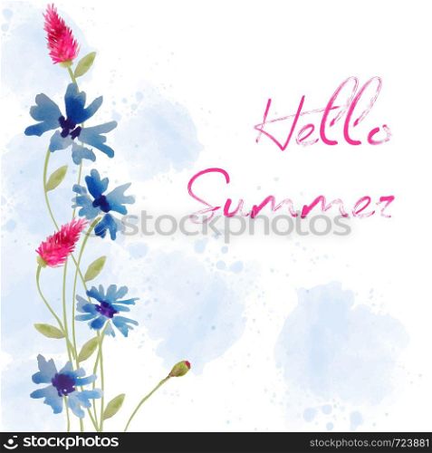 Hello summer. Watercolor banner with flowers