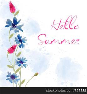 Hello summer. Watercolor banner with flowers
