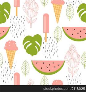 Hello summer. Watermelon and ice cream. Vector seamless pattern.