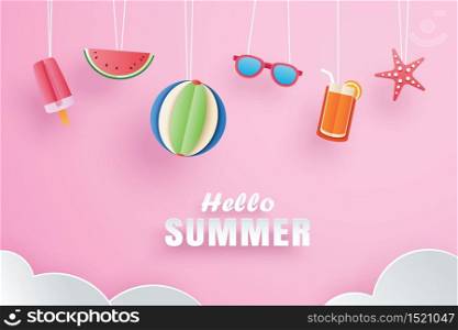 Hello summer with decoration origami hanging on pink background. Paper art and craft style.