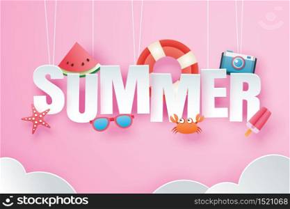 Hello summer with decoration origami hanging on pink sky background. Paper art and craft style. Vector illustration of life ring, ice cream, camera, watermelon, sunglasses.