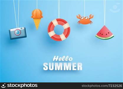 Hello summer with decoration origami hanging on the sky background. Paper art and craft style. Vector illustration of life ring, ice cream, camera, watermelon.