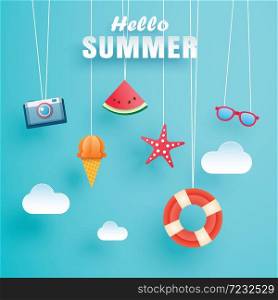 Hello summer with decoration origami hanging on the sky background. Paper art and craft style. Vector illustration of life ring, ice cream, camera, watermelon, sunglass, starfish.
