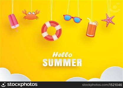 Hello summer with decoration origami hanging on yellow background. Paper art and craft style.