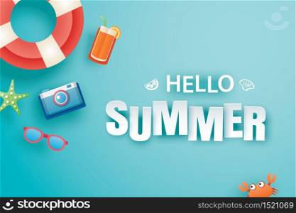 Hello summer with decoration origami on blue background. Paper art and craft style. Vector illustration of life ring, camera, sunglasses.