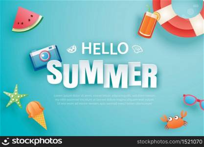 Hello summer with decoration origami on blue background. Paper art and craft style. Vector illustration of life ring, camera, sunglasses.
