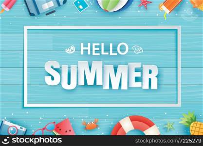 Hello summer with decoration origami on blue wooden background. Paper art and craft style.