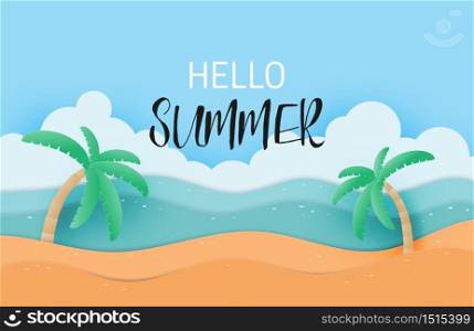 Hello summer with landscape sand and sea poster or banner in paper cut style. Vector illustration holiday season.