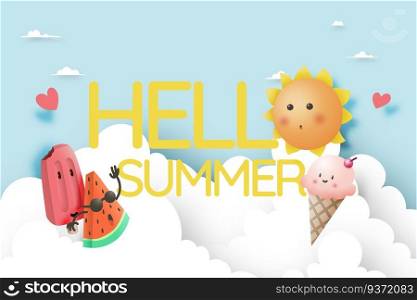 Hello Summer with Tropical fruits and ice cream in cartoon art style and pastel color scheme background vector illustration