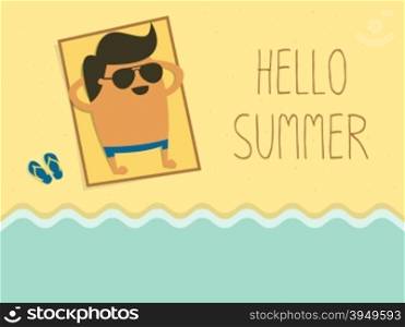 Hello Summer. young man sunbathing on a beach